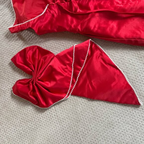 Red Satin Holiday Mini Dress with Pearl Trim and Bow Medium - Picture 5 of 9